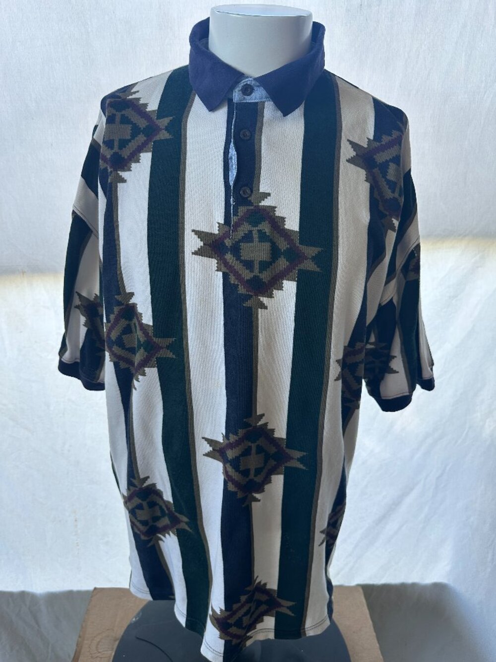 Vintage New River Men's Green White Stripe Polo Shirt Medium Cotton
